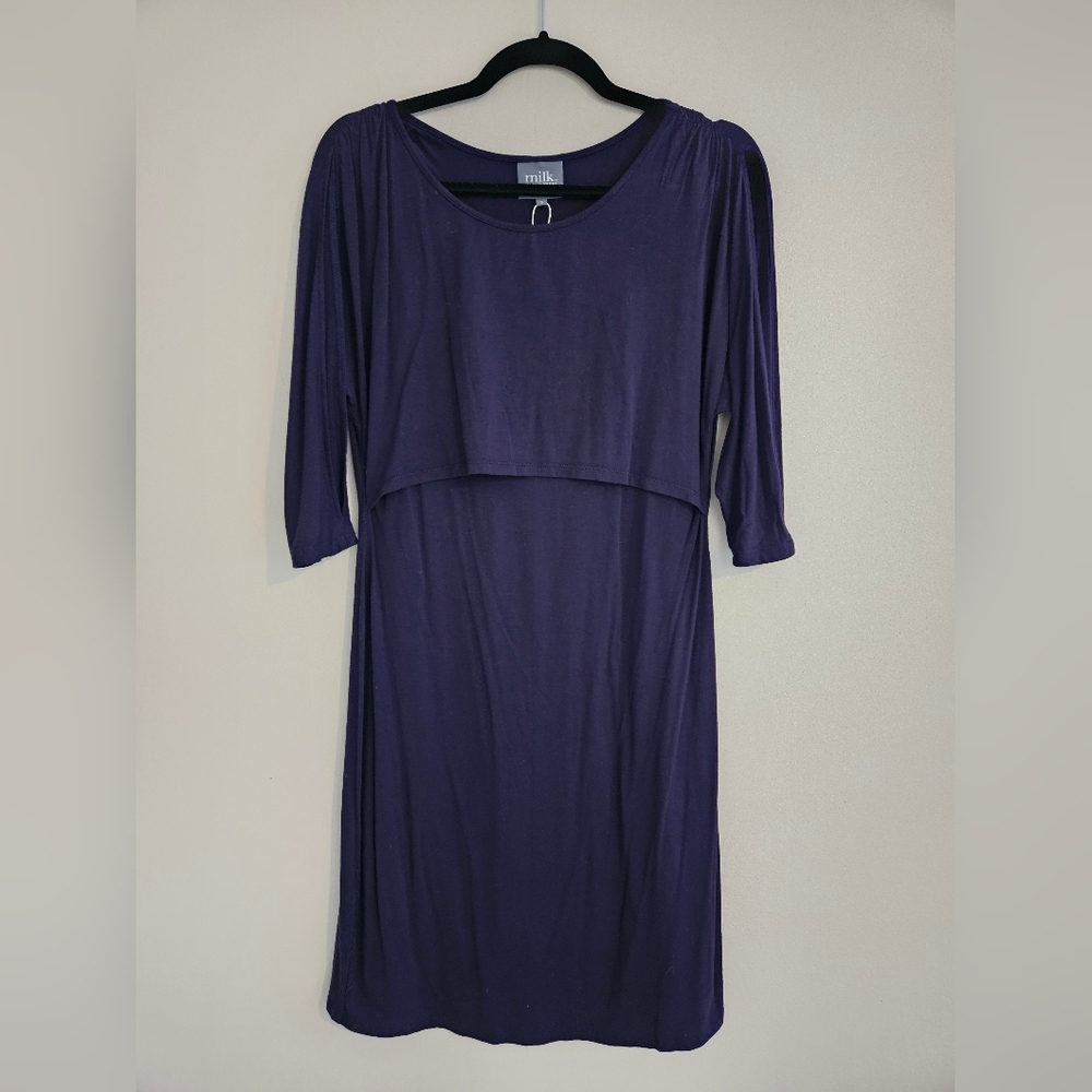NWOT Milk Nursingwear Navy Blue Maternity Nursing Stretchy Layer Dress Small
